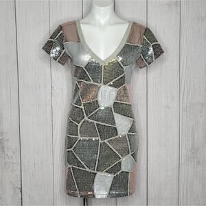 La Rok Sequin Patchwork V-neck Mini Dress, Size Small
